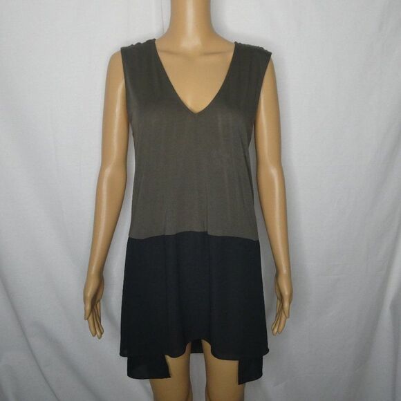 1.State Color Block Sleeveless Tunic Top Layered Medium Hi Low Olive Green Black - Picture 2 of 10
